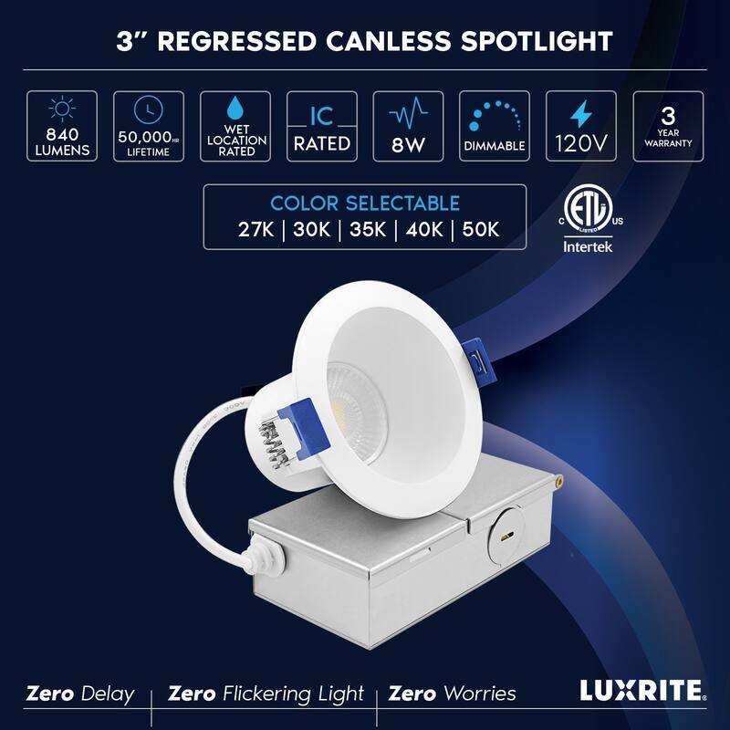 Luxrite 3 in. LED Recessed Ceiling Light J-Box 8W 5CCT 840 Lumens Dimmable Wet Rated IC Rated 6 Pack