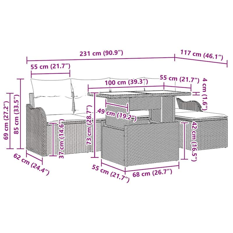 vidaXL 6 Garden Sofa Set with Cushions Black/Brown/Grey Poly Rattan - 90.9 x 46.1 x 27.2