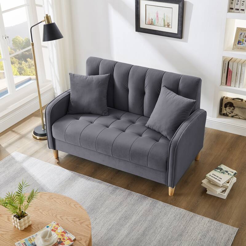 Modern Loveseat, Velvet Tufted Couch Upholstered Futon Sofa with 2 Tufted Pillow for Living Room 2-seat Armchair