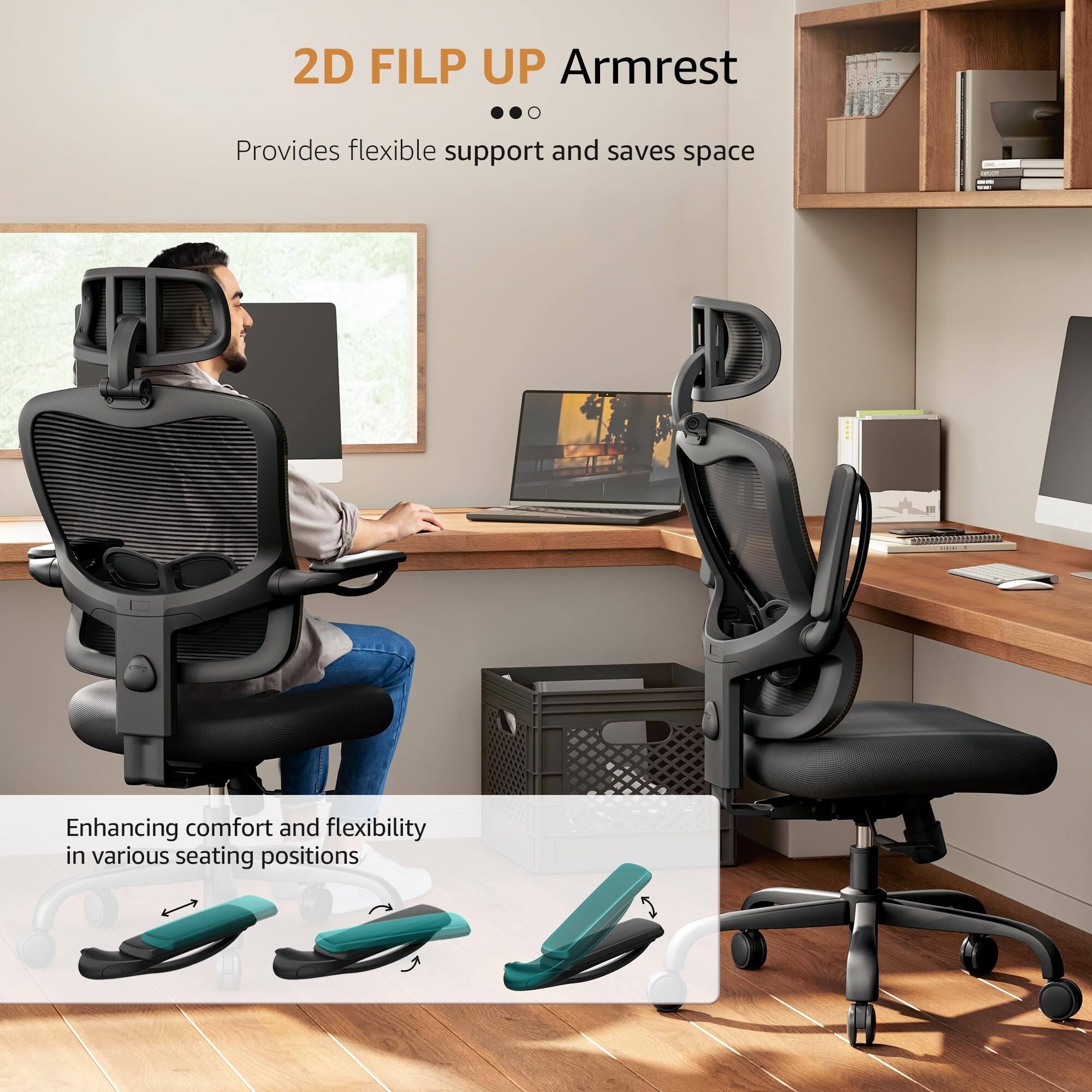 LANDOMIA Ergonomic LANDOMIA Ergonomic Mesh Chair Ergonomic Desk Chair with Flip Up Arms 1 Piece Black