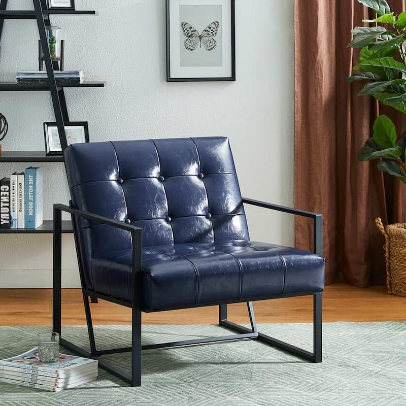 Glitzhome 29.50"W Mid-Century PU Leather Tufted Accent Chair - 29.5"W x 30.5"H x 29.25"D - Navy Blue