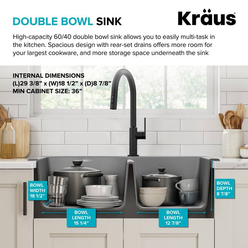 KRAUS Forteza Granite 33 inch 60/40 Undermount Drop-in Kitchen Sink