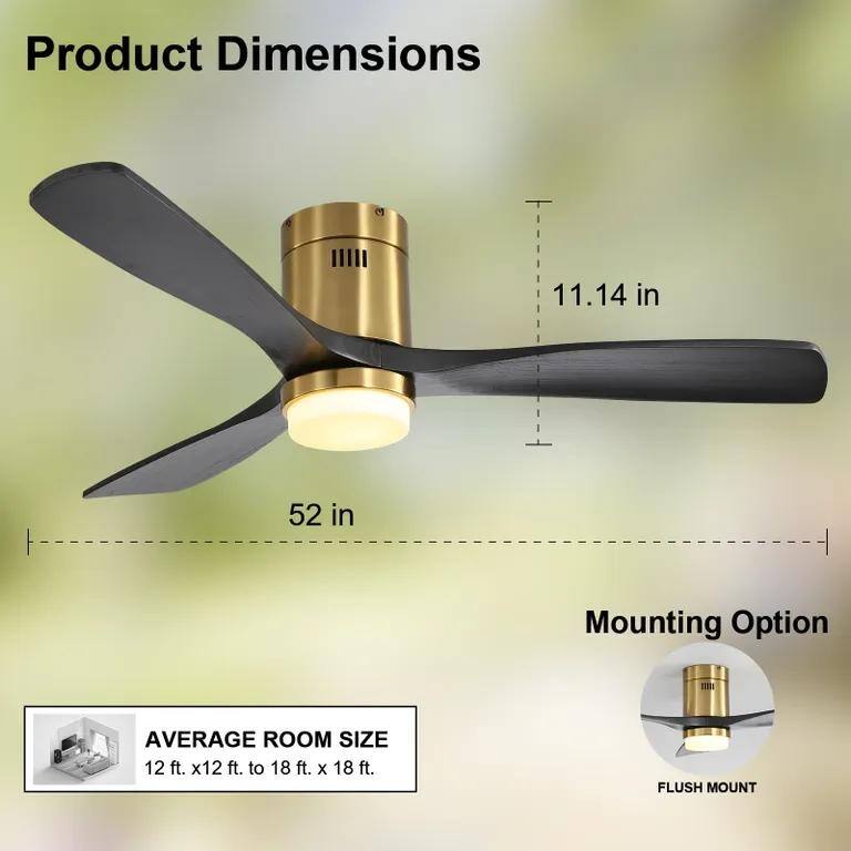 52" Flush Mount Ceiling Fan with Light, Noiseless Reversible Motor Ceiling Fan for Indoor Outdoor, 3 Solid Wood Fan Blades