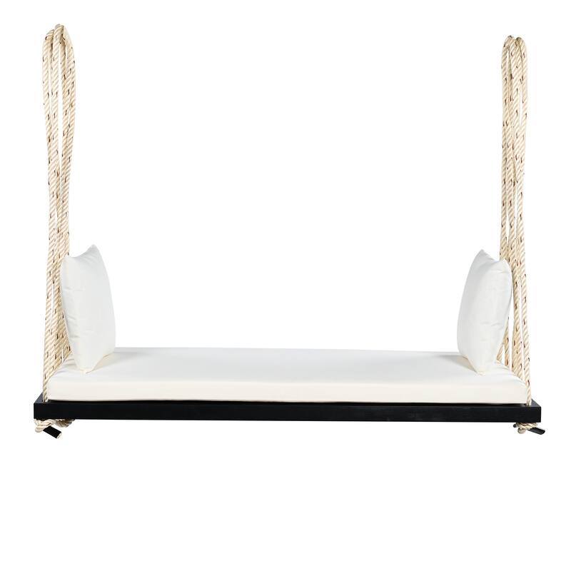 Acacia Wood Swing Chair, Hanging Porch Bench with Cushion & Pillows, 400lb Capacity & 10.8ft Ropes - Black Swing Chiar+Beige Cushion