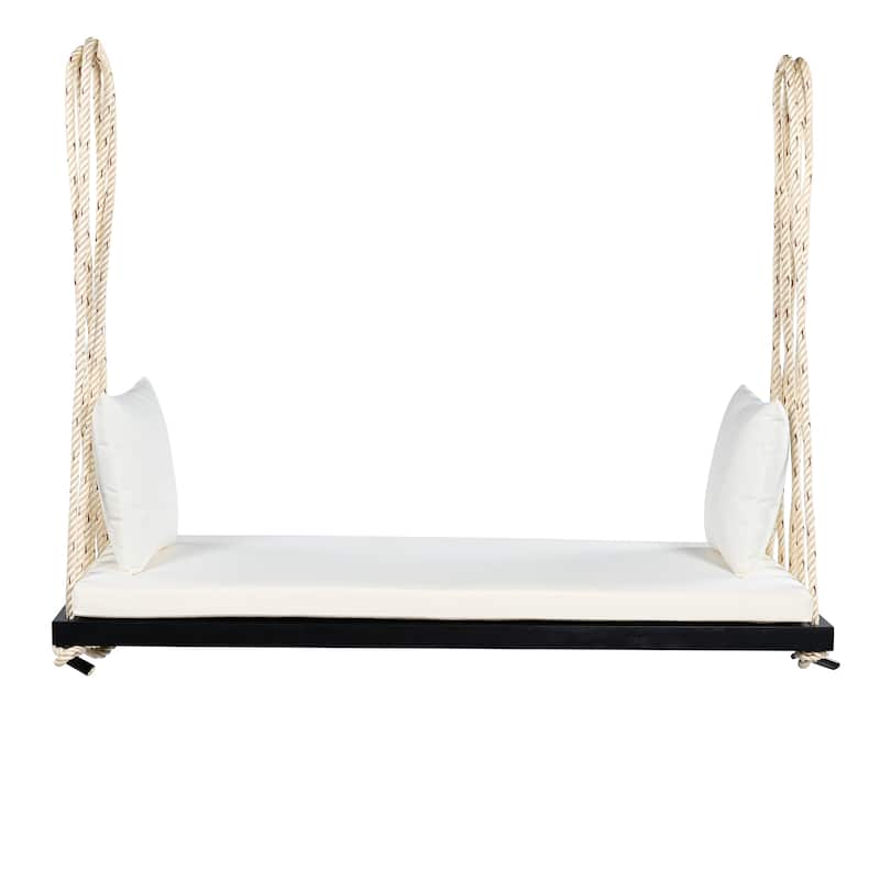 Roomfitters Patio Wooden Swing Chair with Cushion & Pillows, Hanging Porch Bench with 10.8Ft Hemp Ropes for Garden