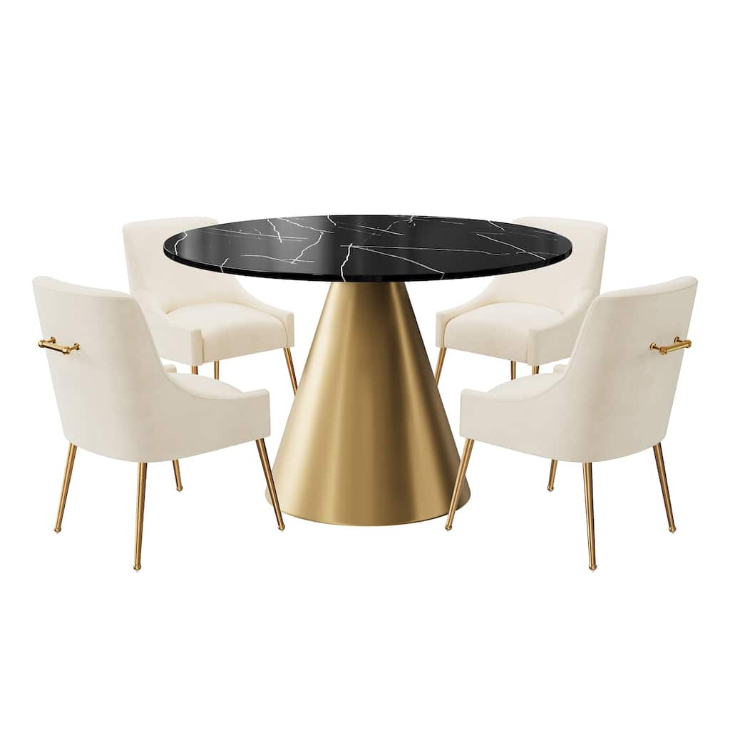 48" Marble Top Metal Dining Table with Velvet Dining Chair Set