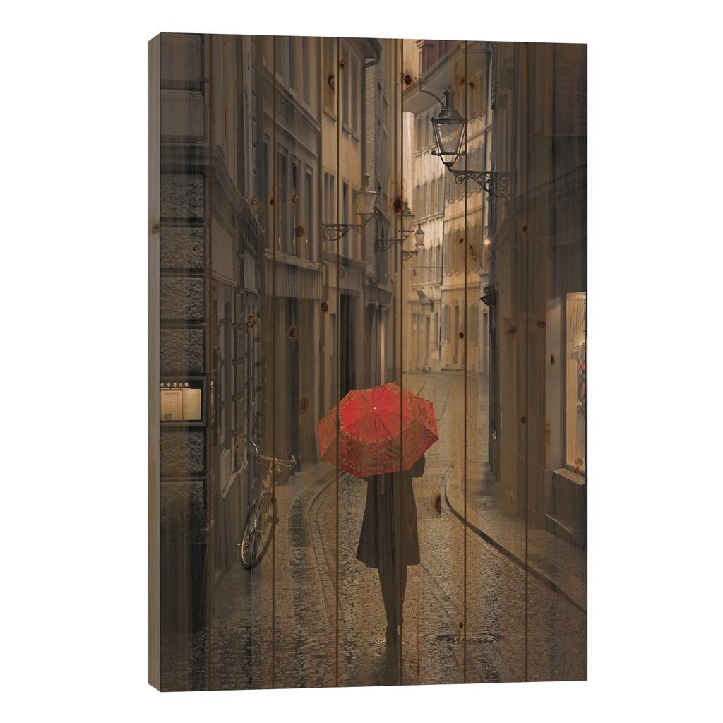 Red Rain Print On Wood by Stefano Corso - Multi-Color