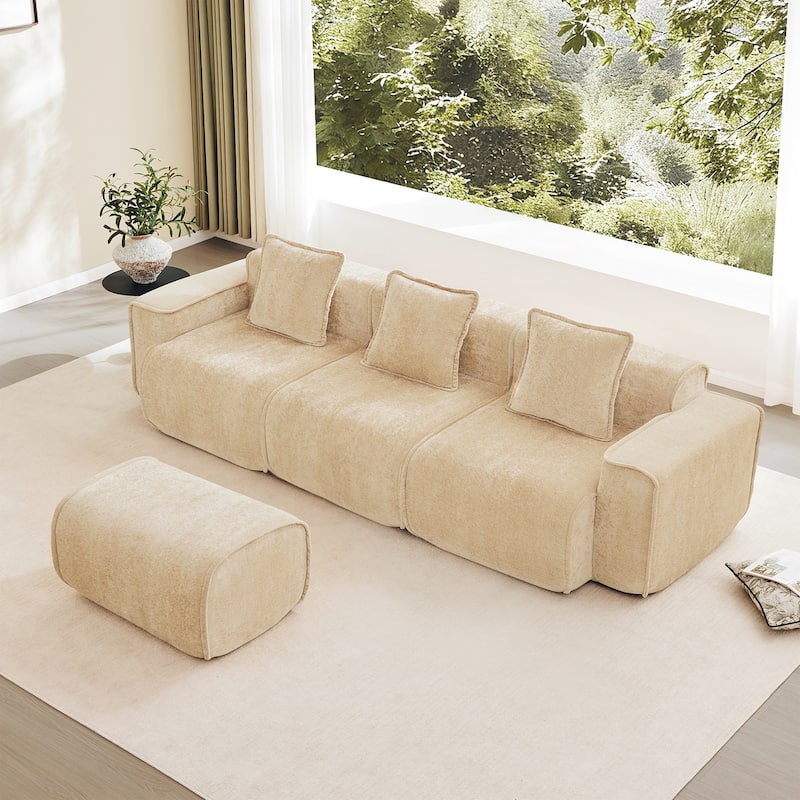 Streamlined Design Modular 3 Seat L Shape Boneless Velvet Fabric Sofa with 1 Movable Ottoman - 8' x 10' - Camel - Left Facing