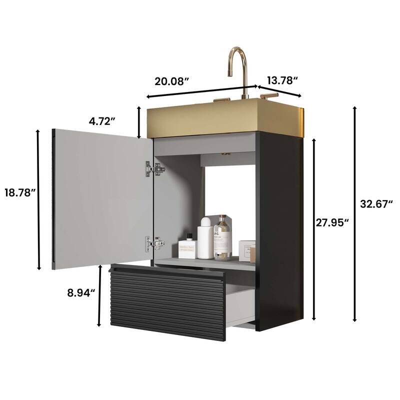 20" Striped Bathroom Vanity with Integrated Brushed Gold Stainless Steel Bathroom Sink, One-Piece Metal Basin without Faucet