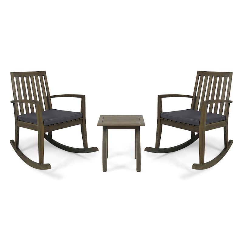 Montrose Outdoor Acacia Wood Rocking Chairs with Accent Table by Christopher Knight Home - gray finish + dark gray