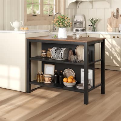 45" Wood Stationary Kitchen Island, Dining Prep Table with 2 Shelves
