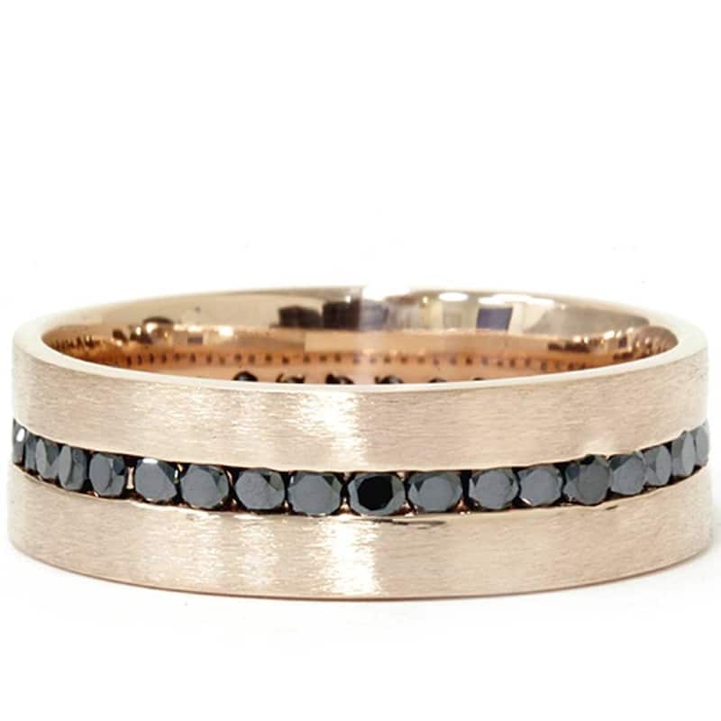 1 1/10ct Channel Set Black Diamond Brushed Ring Rose Gold Mens Wedding Band