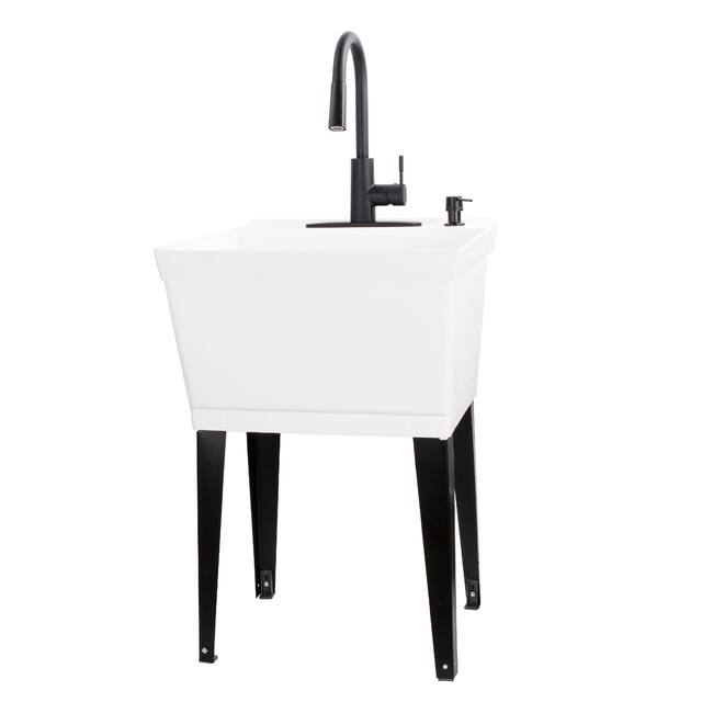 TEHILA Utility Sink Laundry Tub with Black High Arc Faucet and Soap Dispenser - White