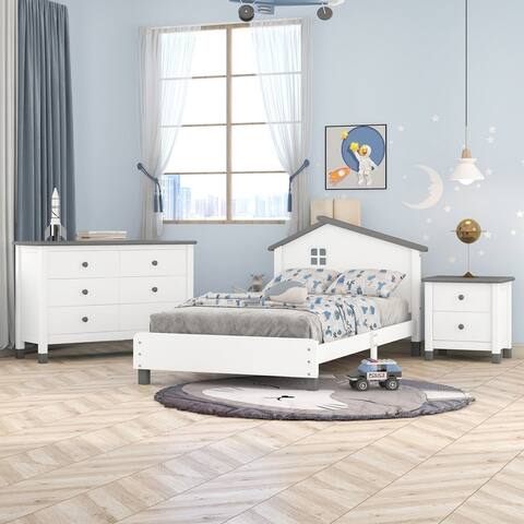 3-Pieces Bedroom Sets Twin/Full Size Platform Bed with Nightstand and Storage Dresser