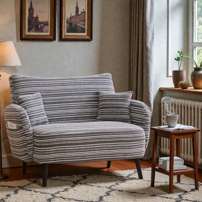 Modern Boucle 2-Seater Sofa with Storage Pockets, Deep-Seated Small Couch with Armrest Pillows for Apartments