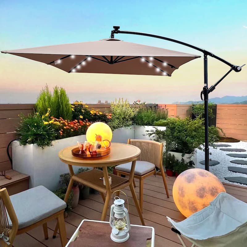 Rectangle 2x3M Patio Umbrella Solar Powered LED Lighted Sun Shade Market Waterproof 6 Ribs Umbrella with Crank and Cross Base