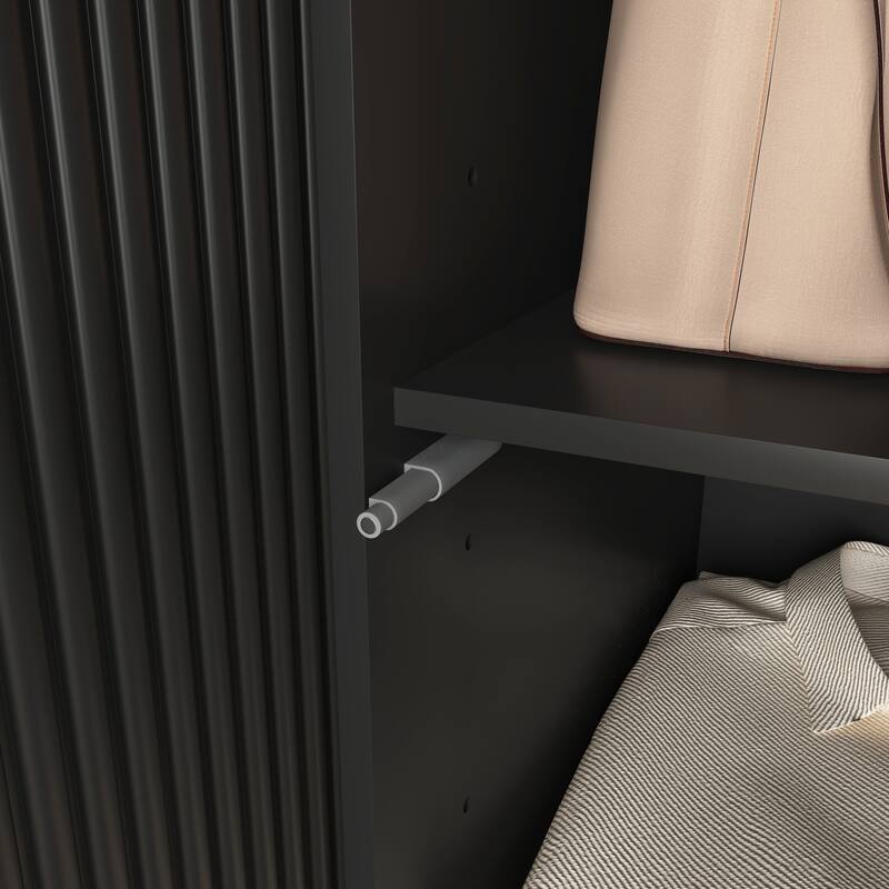 4-Door Wardrobe Closet with Mirror & LED, Wooden Storage Cabinet with Hanging Rod & Adjustable Shelves