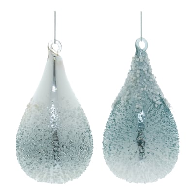 Seafoam Beaded Teardrop Glass Christmas Ornaments - 6" - Blue and White - 6ct