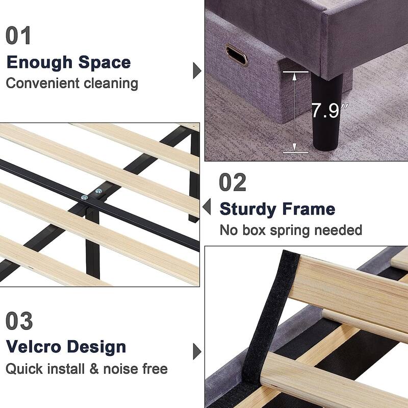 VECELO Upholstered Bed Frame with Nailhead Trim Adjustable Height Headboard, Twin/Full/Queen Size Bedframes