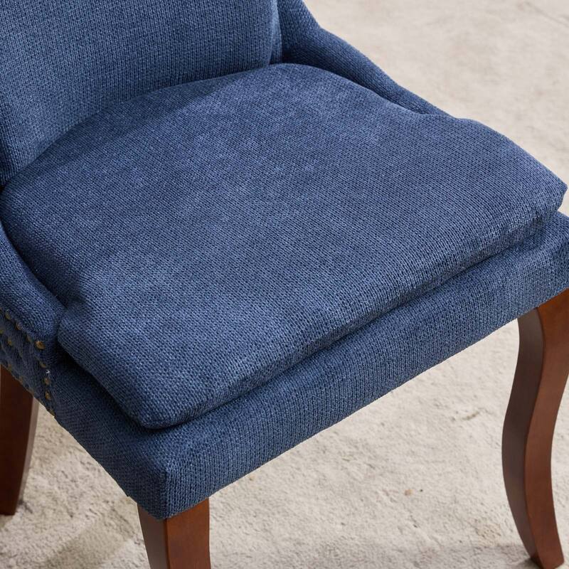 Double-layer Cushioned Dining Chairs Set of 2 Chenille Mid-Back Chair with Nailhead Trim Side Chair with Bent Wood Legs