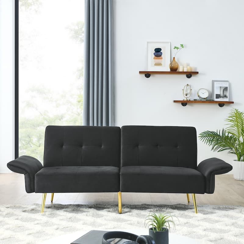 Italian Velvet Convertible Sleeper Sofa Bed with with Folded Armrests and Storage Bags