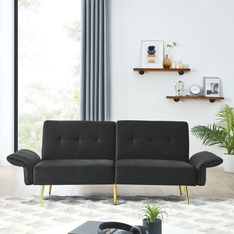 Velvet Futon Sofa Bed with Folded Armrests - Black