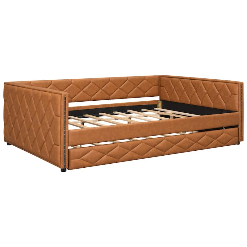 Full XL Size Upholstered Daybed with Trundle Bed and LED Armrests, Rhombic Blocks Frame Sofa Bed, U-shape Bed Frame
