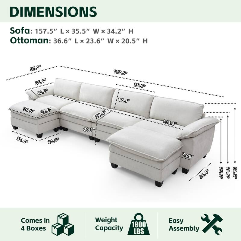 Roomfitters Large Modular 4-Seater Sofa with 2 Ottomans, U-Shaped Sectional Couch for Living Room