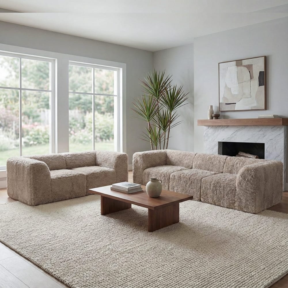 Furniture of America Ylena Modern 5-Piece Faux Fur Foam Modular Compressed Sofa and Loveseat Set