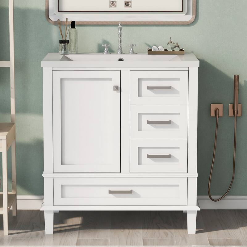 GDFStudio - Hera 30" Vanity Modern Bathroom Cabinet with Resin Sink, 1 Door and 3 Drawers