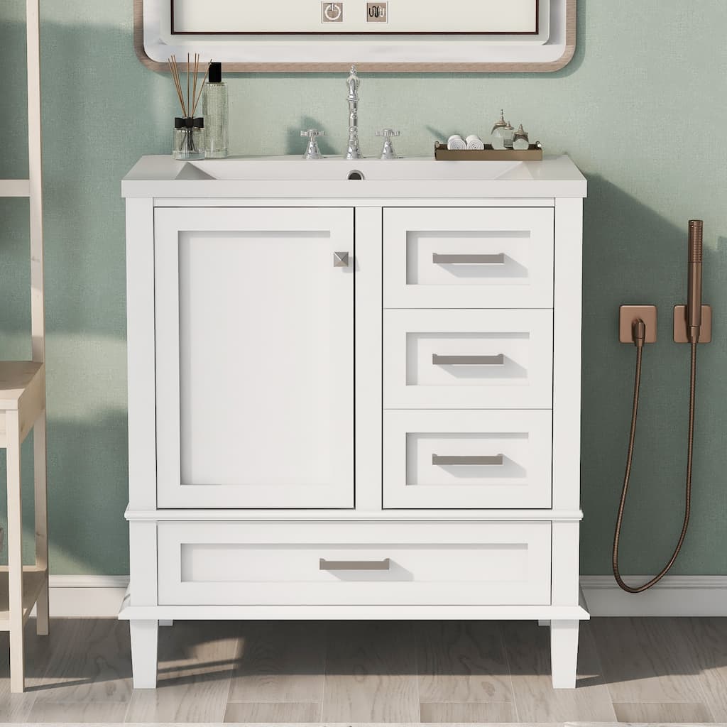 GDFStudio - Hera 30" Vanity Modern Bathroom Cabinet with Resin Sink, 1 Door and 3 Drawers
