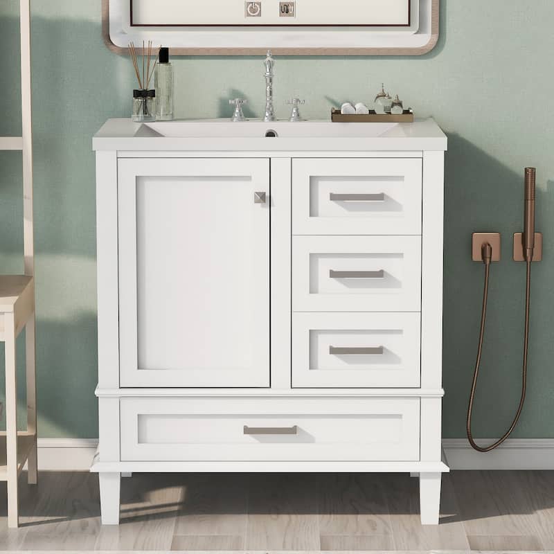 GDFStudio - Hera 30" Vanity Modern Bathroom Cabinet with Resin Sink, 1 Door and 3 Drawers - White