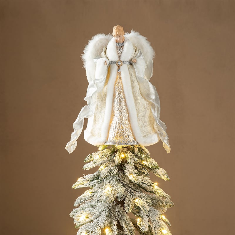Glitzhome 16"H Faux Fur Christmas Angel Tree Toppers - Silver