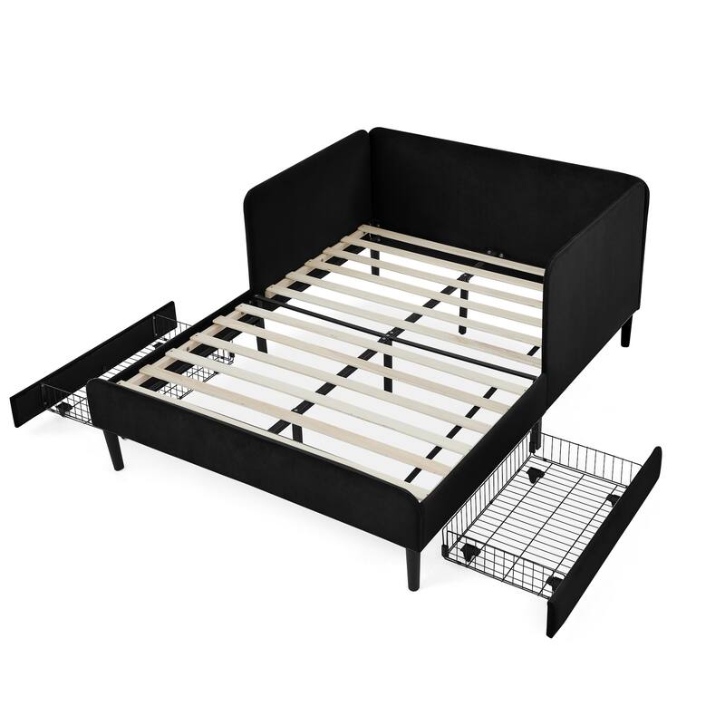 Roomfitters Twin/Full Upholstered Platform Bed with Side Backrest and Underbed Storage Trundle