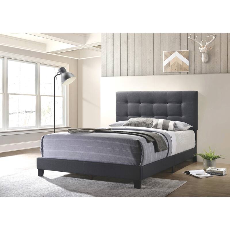 Button Tufted Design Charcoal Grey Fabric Upholstered Bed