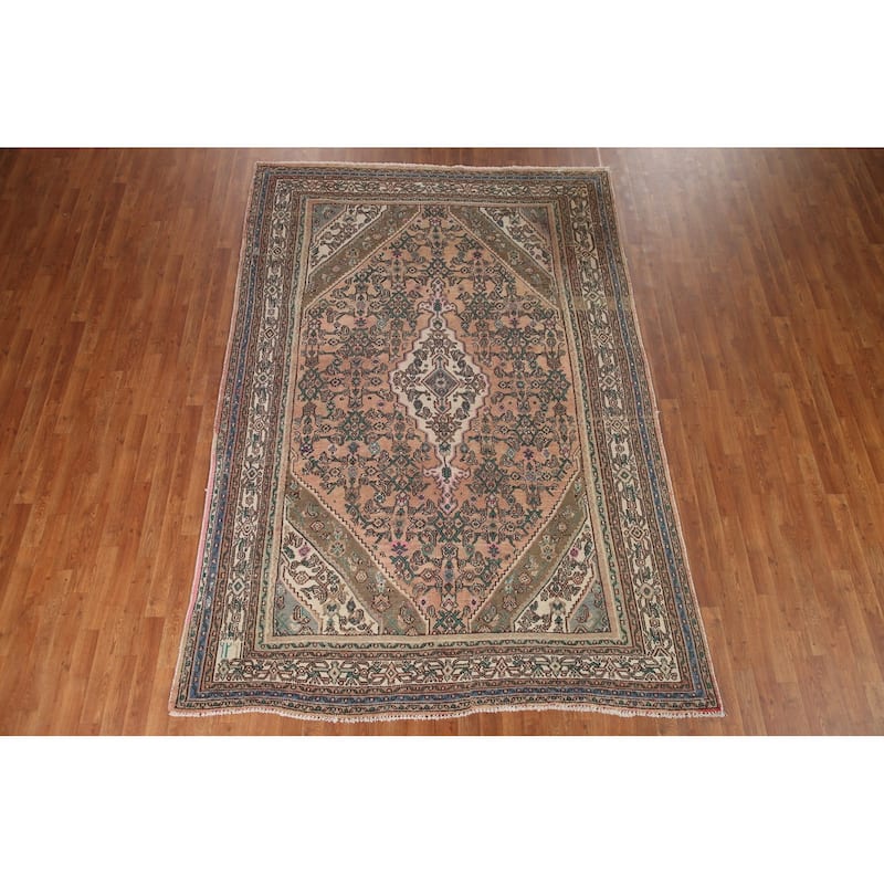 Pink Geometric Hamedan Persian Vintage Rug Hand-knotted Wool Carpet - 6'10" x 9'11"