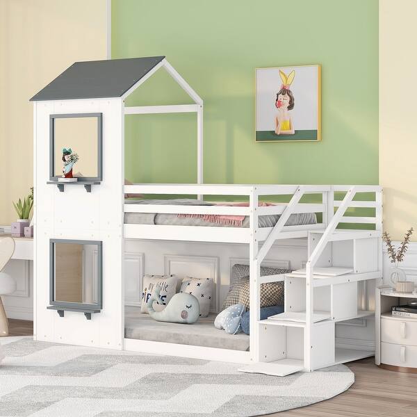 slide 2 of 7, Twin Over Twin Bunk Bed with Storage Stairs,Window,Guardrail, Ladder,Wood Bed with Roof White