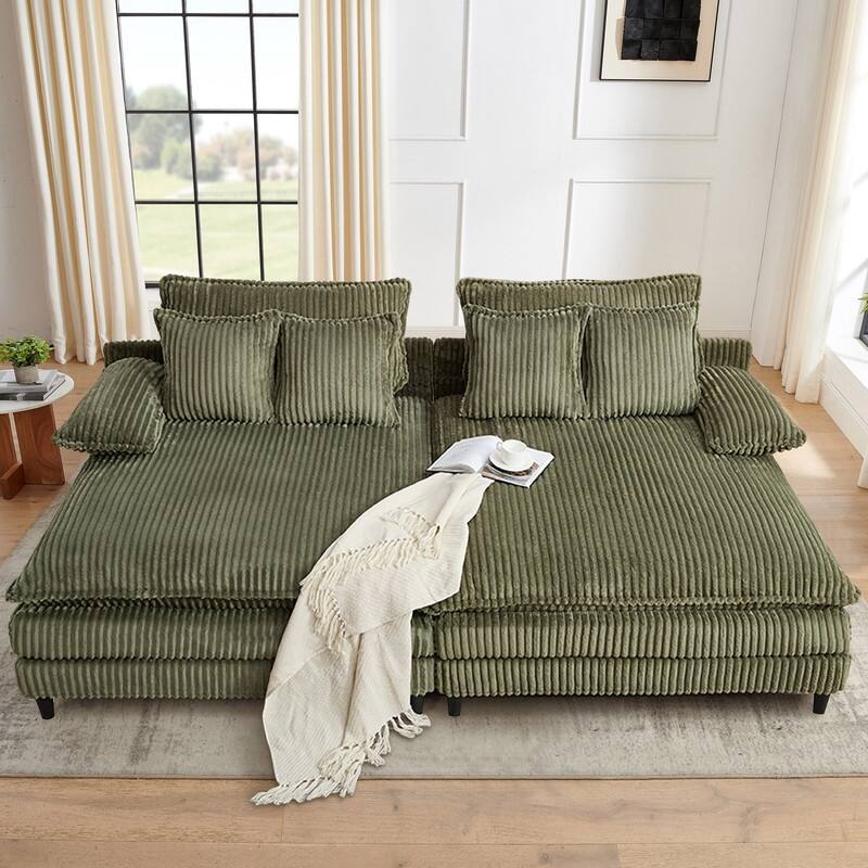 Harmonia 109" W Oversized Corduroy Sofa Bed, Deep Seat Double Lounge Chaise with 4 Pillows