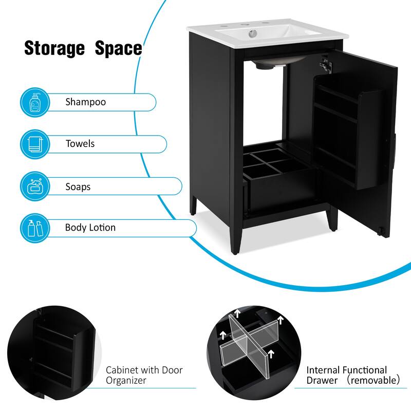 20.3" Freestanding Bathroom Vanity with Ceramic Sink, Soft-Close Door, Cabinet and Drawer Storage