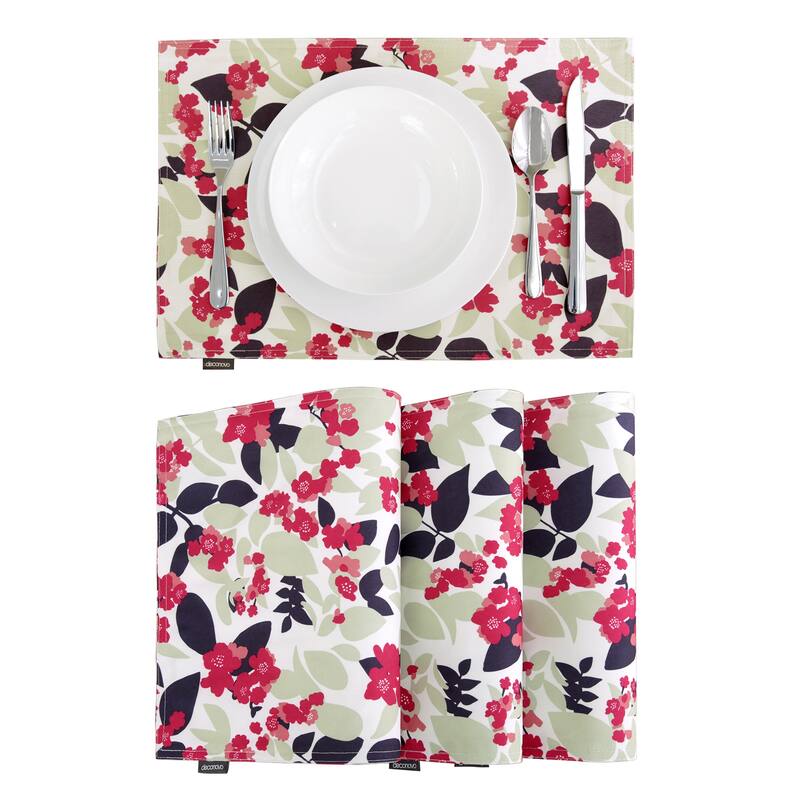 Deconovo Waterproof Oxford Floral Placemats ( Pack of 4) - 12x18 Inch - Bright Rose