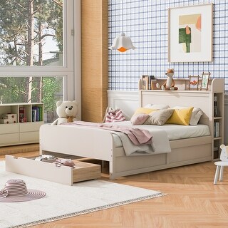 Full Cream Platform Bed with Side Storage Headboard & Drawers