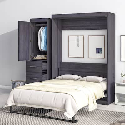 Full Size Murphy Bed with Wardrobe and Drawers, Storage Bed, can be Folded into a Cabinet