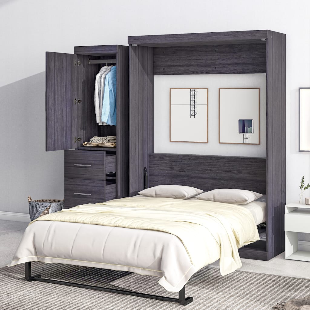 Full Size Murphy Bed with Wardrobe and Drawers, Storage Bed, can be Folded into a Cabinet