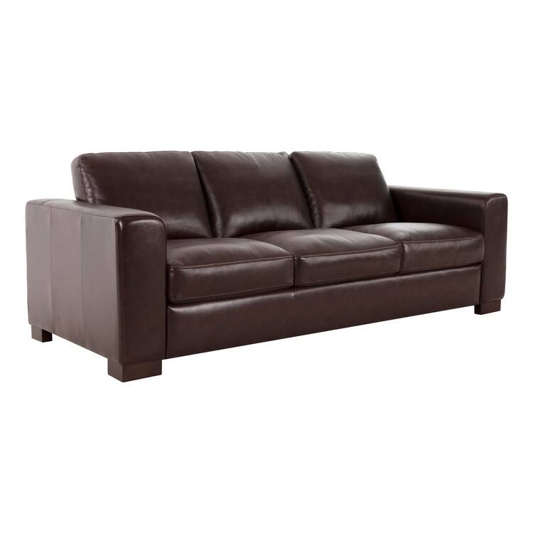 Genuine leather sofa & loveseat with feather cushions, square arms, sturdy & stylish.