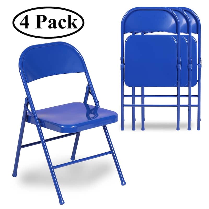 VECELO Folding Chairs Set of 4 Metal Frame Steel Seat with Triple Braced - Blue