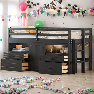 Twin Size Loft Bed With 4 Drawers,Underneath Cabinet and Shelves for Home