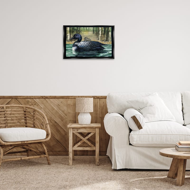Stupell Loon with Baby on Lake Framed Floater Canvas Wall Art Design By Paul Brent