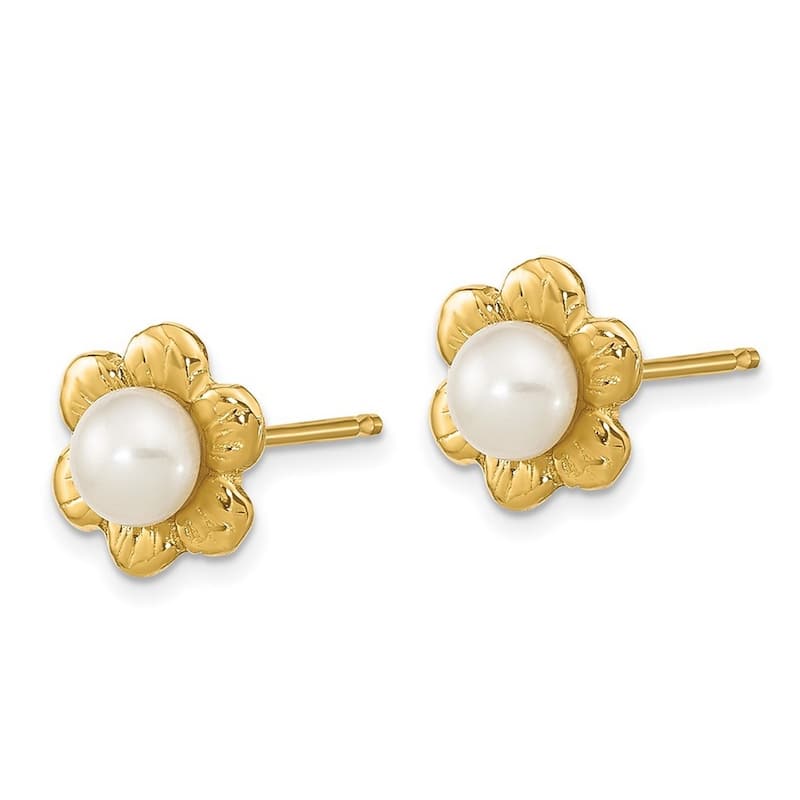 Curata 14k Yellow Gold 7mm 3-4mm White Button Freshwater Cultured Pearl Post Earrings