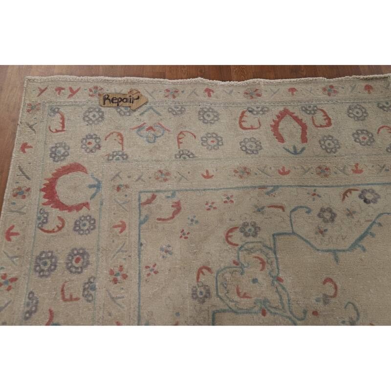 Medallion Tabriz Persian Area Rug Hand-Knotted Beige Wool Carpet - 9'2"x 12'8"