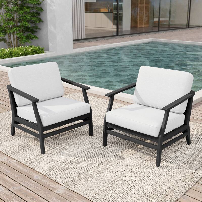 2 Set Patio Teak Wood Outdoor Chair with Cushions - Dark Wood - Beige